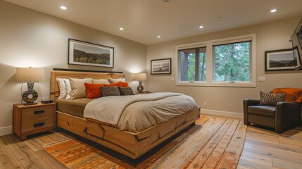 Cozy bedroom with soft lighting and warm earthy tones, creating a relaxing atmosphere for rest and sleep