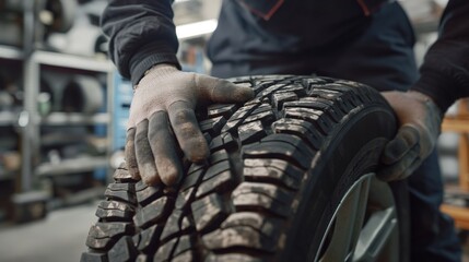 Fototapeta premium Mechanic checking tire tread pattern in an auto repair shop during daytime.