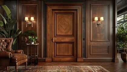 Visualize a traditional panel office door with a rich mahogany finish and classic hardware