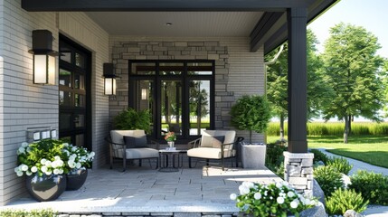 Front porch with stylish seating, potted plants and a modern welcoming entrance