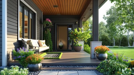 Front porch with stylish seating, potted plants and a modern welcoming entrance