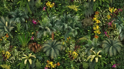 Front View Landscape Featuring Tropical Plants, Hedge, and Garden Wall