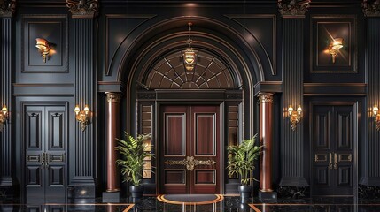 Visualize an arched office door with dark wood and ornate detailing