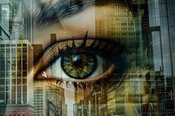 A woman's eye is shown in a cityscape. The eye is surrounded by buildings and the cityscape is filled with lights. The eye is looking out into the city, as if it is curious about the world around it