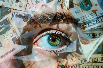 A person's eye is surrounded by a pile of money. The eye is green and the money is in various denominations. Concept of wealth and abundance