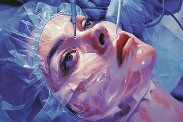 A woman's face is covered in plastic wrap. The woman is wearing a surgical mask and gloves