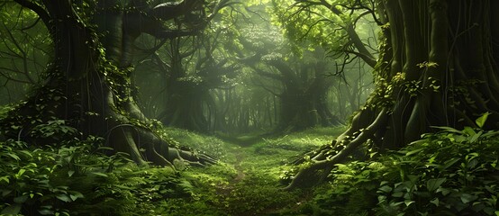 Surreal Forest with Lush Greenery and Ancient Trees