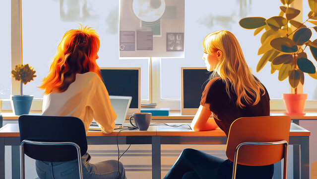Illustration of two professional women engaged in a collaborative task in a modern office setting. Ideal for teamwork or collaboration concepts.