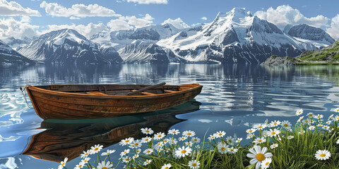 a wooden boat on the lake, surrounded by white daisies and green grass, generative AI