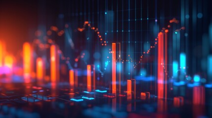 Colorful digital representation of financial markets with dynamic bars and glowing graphs in a dark setting.