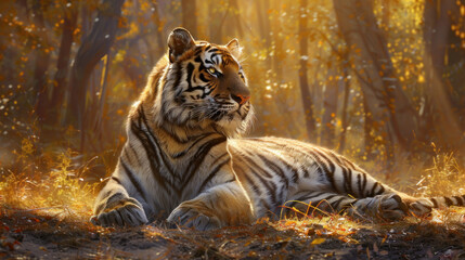 A mesmerizing scene unfolds as an Amur tiger lies serenely in a sunlit area, the golden light accentuating the exquisite details of its coat and exuding natural elegance.