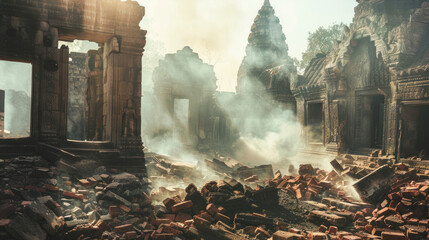 A historic temple in ruins, with smoke and debris covering treasured artifacts, highlighting the irreplaceable loss of cultural heritage due to violence.
