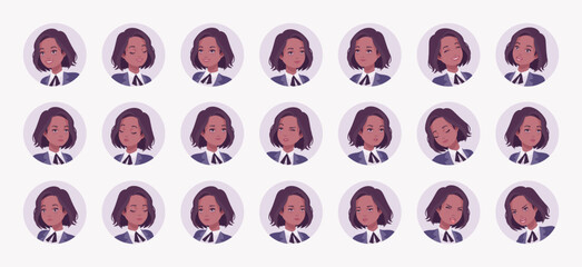 Elegant dark brunette business woman, brown female avatar nice portrait set, appearance bundle. Different feelings, face emotion icons, player character mood, user pic circles. Vector illustration