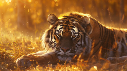 A mesmerizing scene unfolds as an Amur tiger lies serenely in a sunlit area, the golden light accentuating the exquisite details of its coat and exuding natural elegance.