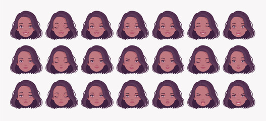 Elegant dark brunette business woman, female emotion set, brown young girl bundle portrait, person head. Different face icons, positive, negative facial expression feature pic. Vector illustration