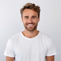 White background Happy european white man realistic person portrait of young beautiful Smiling man good mood Isolated on Background Banner with copyspace blank empty copy space 