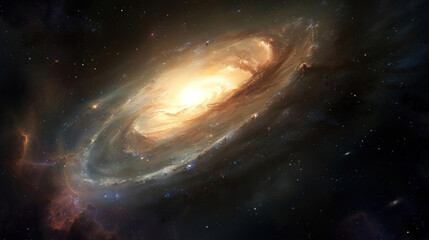 Fototapeta premium A panoramic view capturing the majestic spiral arms of a galaxy as they stretch out from the glowing core, each star a point of light in the vast canvas of the universe.