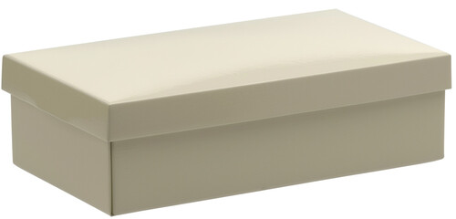 Sophisticated beige rectangular blank box features an understated ivory lid.