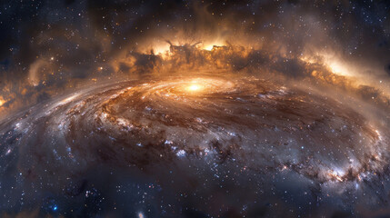 A panoramic view capturing the majestic spiral arms of a galaxy as they stretch out from the glowing core, each star a point of light in the vast canvas of the universe.