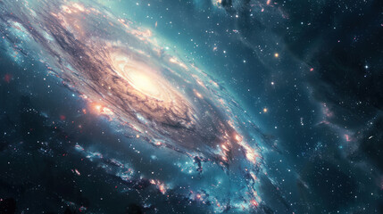 Fototapeta premium A panoramic view capturing the majestic spiral arms of a galaxy as they stretch out from the glowing core, each star a point of light in the vast canvas of the universe.