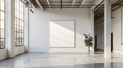 A blank white square frame was hanging on the wall of an industrial warehouse with concrete floors and high ceilings. The room was well lit, with large windows that provided natural light from outside