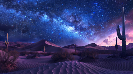 A stunning desert landscape under the starry night sky, with sand dunes and cacti creating an...