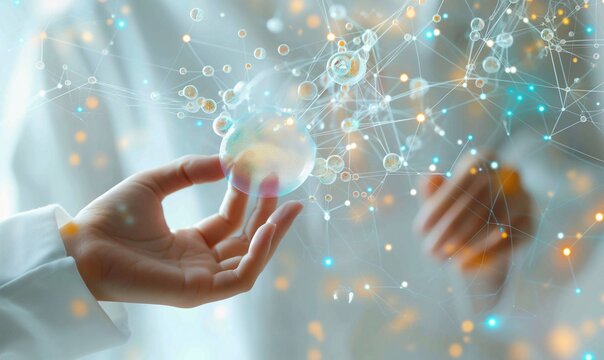 scientist uses forefinger to touch a floating holographic review generative ai  art
