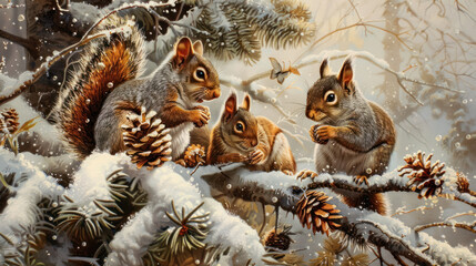 Obraz premium A squirrel family gathering pine cones among frost-covered trees, the intricate details of the snowflakes and the warm hues of their fur painting a picture of life thriving in the cold.