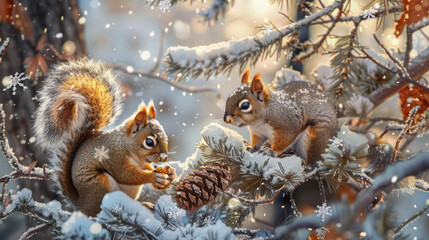Obraz premium A squirrel family gathering pine cones among frost-covered trees, the intricate details of the snowflakes and the warm hues of their fur painting a picture of life thriving in the cold.