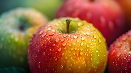 A closeup of apples with water droplets on them, still life photography, advertising style.
