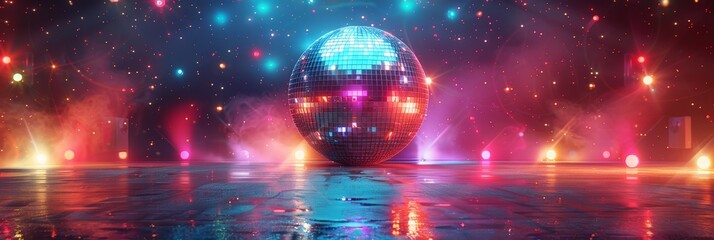  disco ball with colorful neon lights with  empty dance floor 
 background
