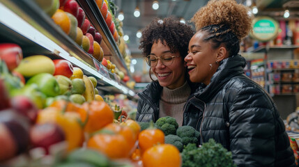 Obraz premium Joyful Grocery Shopping: Lesbian Women Exploring Fresh Produce Together