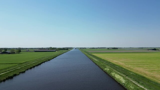 Aerial video over a river in Appingedam  Netherlands on passing cargo ships