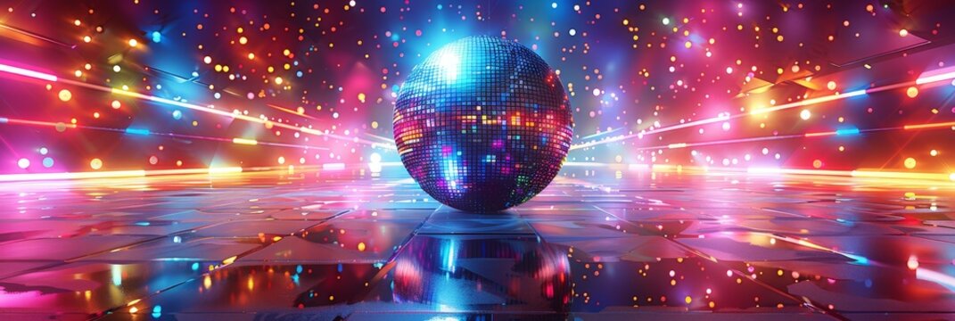  disco ball with colorful neon lights with  empty dance floor 
 background