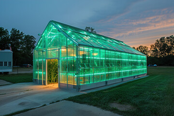 Obraz premium Glowing greenhouse at midnight, farmers nurturing plants for nighttime cultivation.