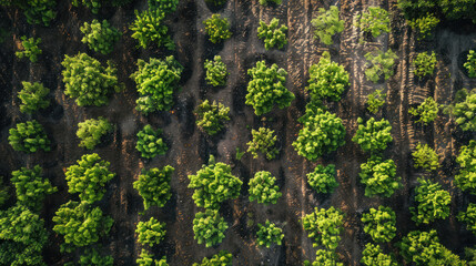 Fototapeta premium Above-ground perspective of a reforestation area, displaying organized rows of saplings, embodying the essence of sustainability and ecosystem regeneration from a bird's eye view.
