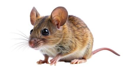 A small rat with pink feet sits alone on a bright white background