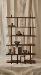 A sculptural bookshelf made of polished wood set against a minimalist living room backdrop
