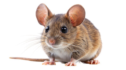 A small rat with pink feet sits alone on a bright white background