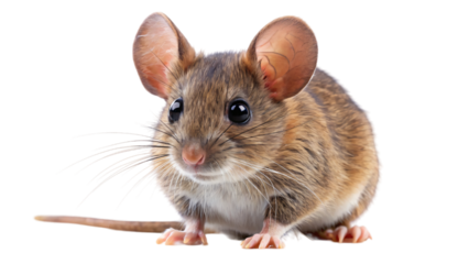 A small rat with pink feet sits alone on a bright white background