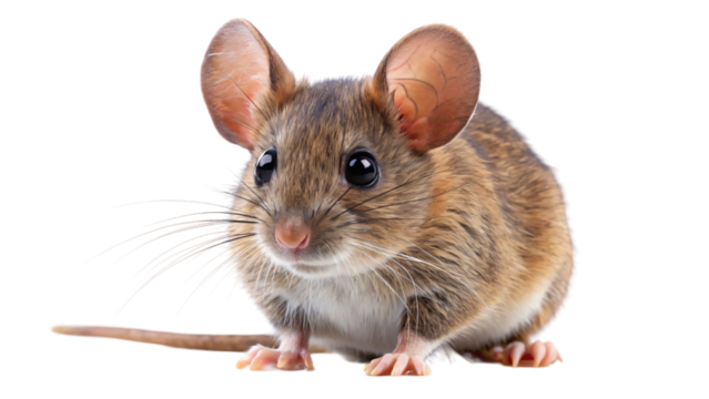 A small rat with pink feet sits alone on a bright white background