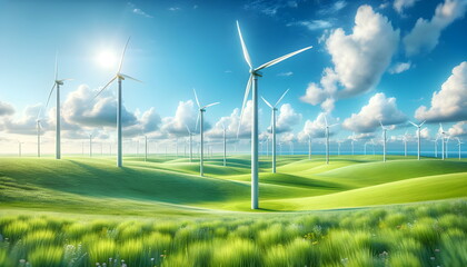 A picturesque scene of clean energy production showcases towering wind turbines gracefully spinning under a clear blue sky and solar panels glistening in the sunlight. 