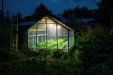 Glowing greenhouse at midnight, farmers nurturing plants for nighttime cultivation.