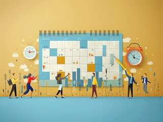 Illustration of a diverse team collaborating on a project timeline and schedule, with charts, graphs, and clocks symbolizing time management.