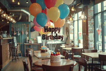 A festive birthday party setup in a cafe, featuring colorful balloons, a "Happy Birthday" sign, and a decorated cake on a table.