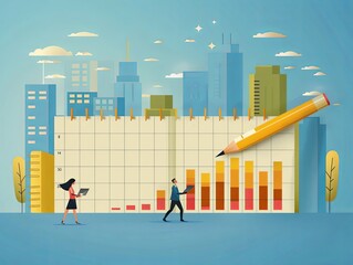 Illustration of business professionals analyzing data with bar charts and a cityscape background, representing data-driven decision making.