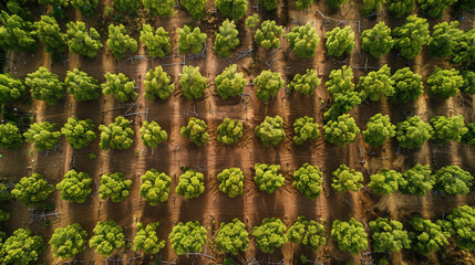 Fototapeta premium An aerial tableau of a reforestation endeavor, highlighting the symmetry of young trees in rows, representing a positive step towards biodiversity conservation.