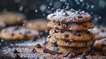 A closeup of cookies with chocolate chips, dusted in powdered sugar on top and surrounded by more freshly baked goods against a dark background.

