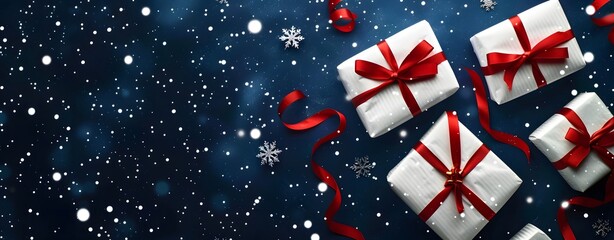 Fototapeta premium Christmas Background with White Gift Boxes and Red Ribbons