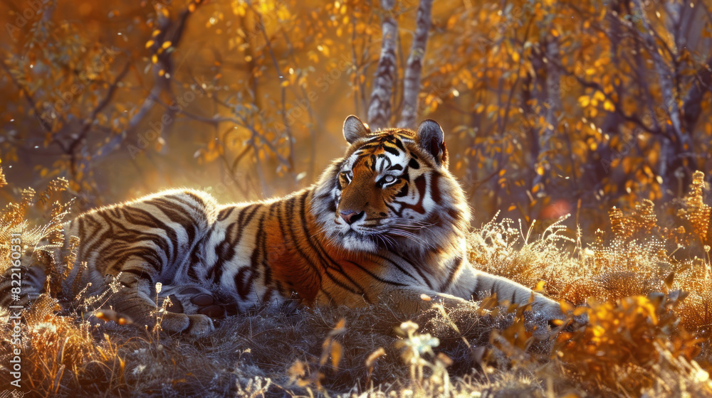 Wall mural an amur tiger gracefully resting in a sunlit patch, the golden rays highlighting its majestic coat a